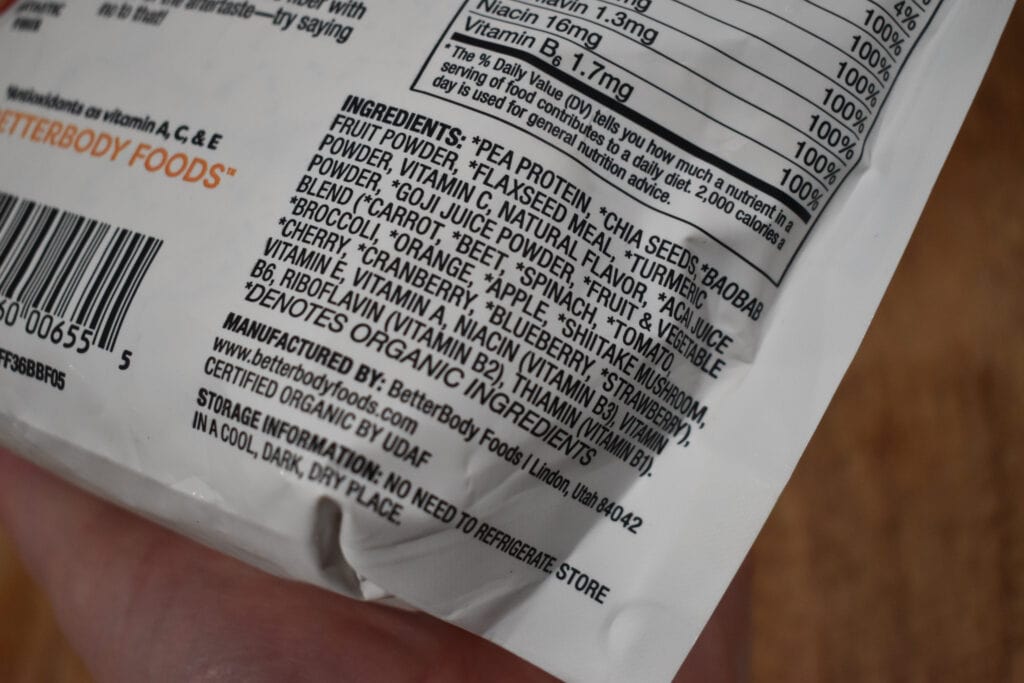 Ingredient list on food package