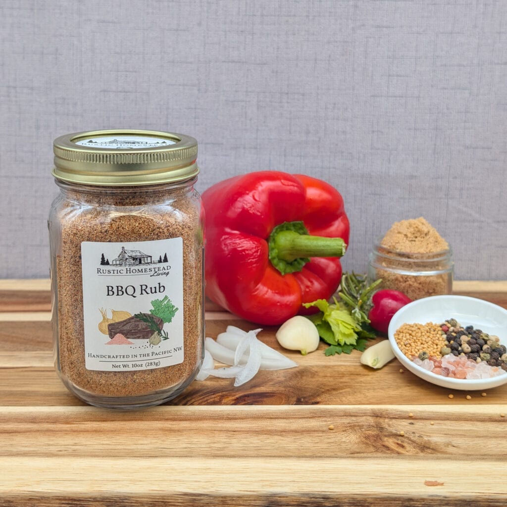 BBQ Rub Seasoning Mix in a pint jar with ingredients
