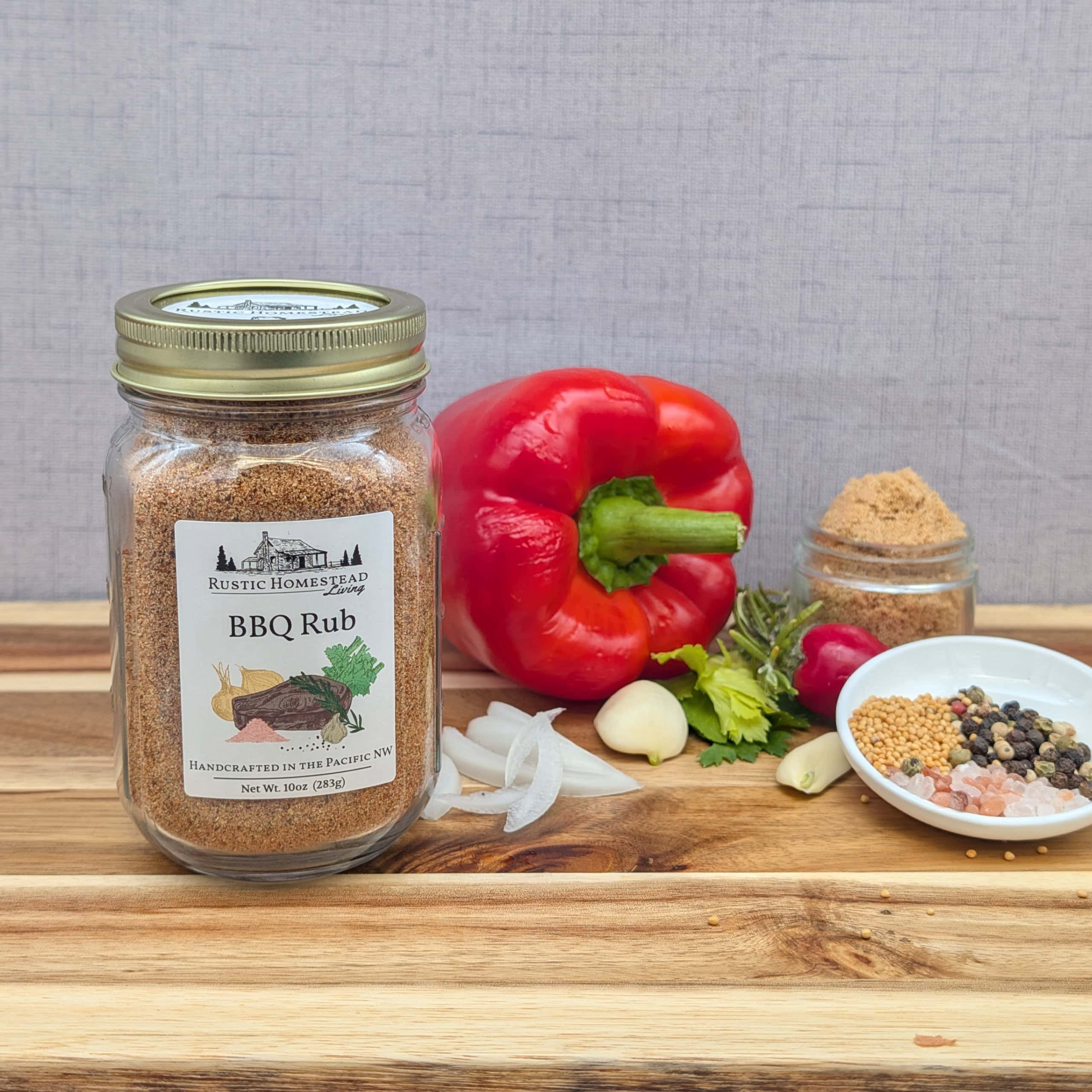 BBQ Rub Seasoning Mix in a pint jar with ingredients