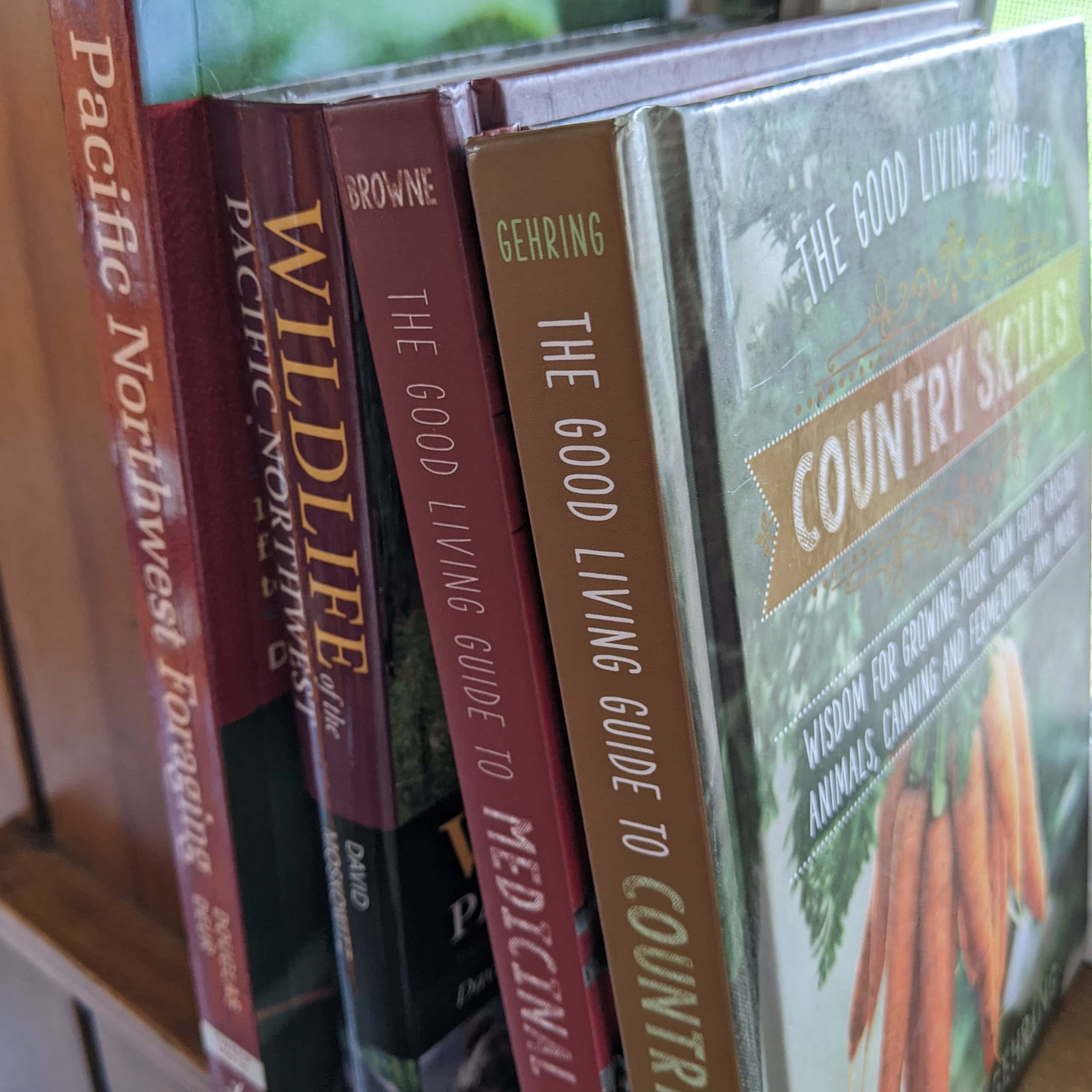 A row of homesteading and country skills books sitting in a sunlit windowsill, representing the continuous learning and faithful stewardship of a self-sufficient home.