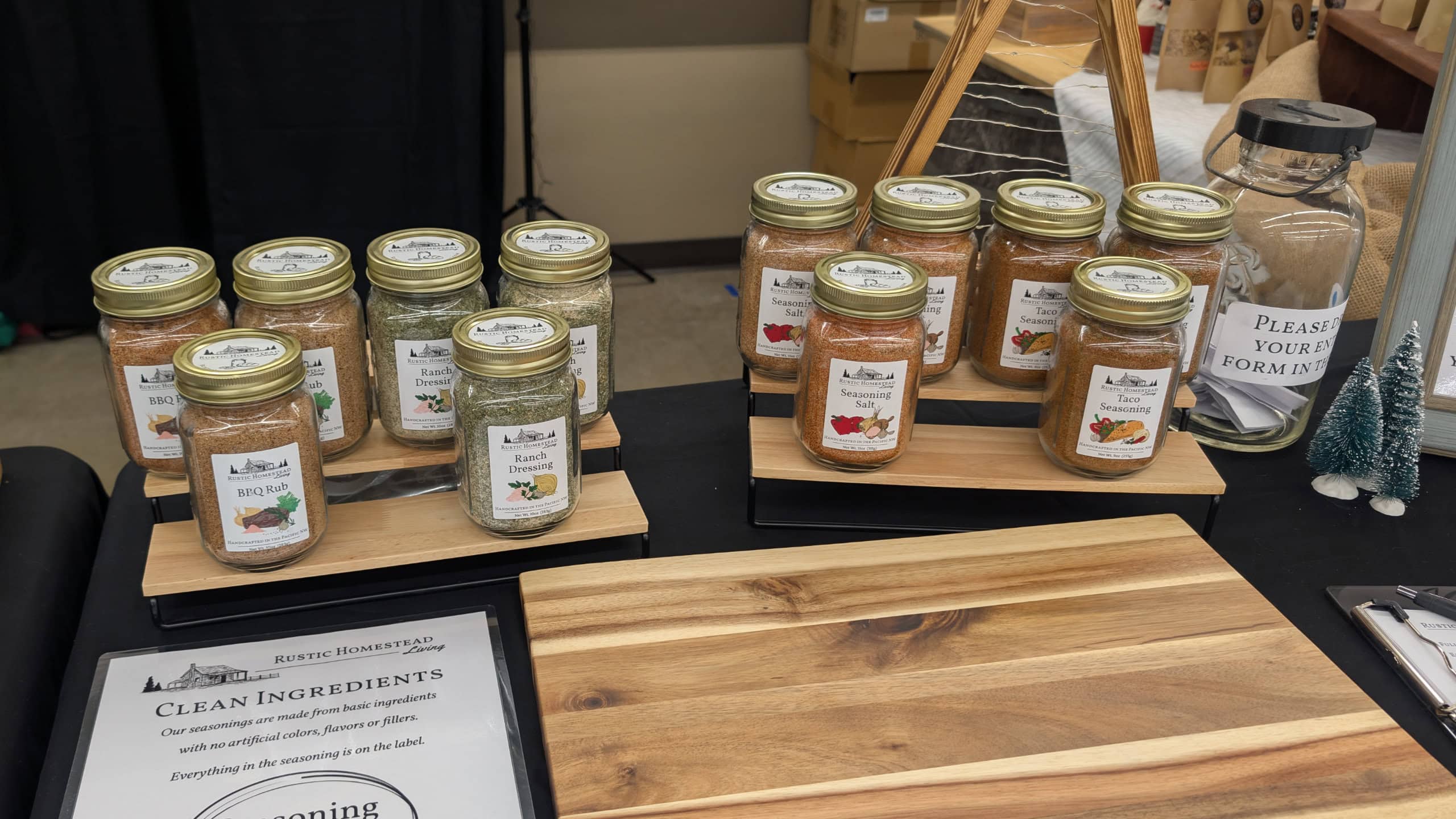 Seasonings in canning jars at a holiday bazaar
