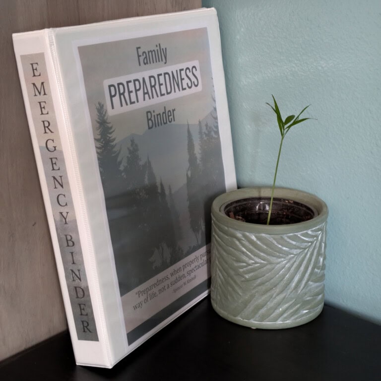 Family preparedness binder on table with small plant
