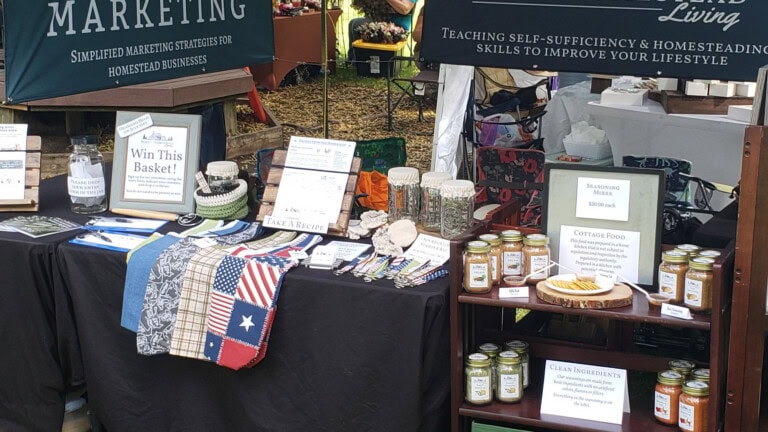 Vendor booth tables and products at and outdoor event