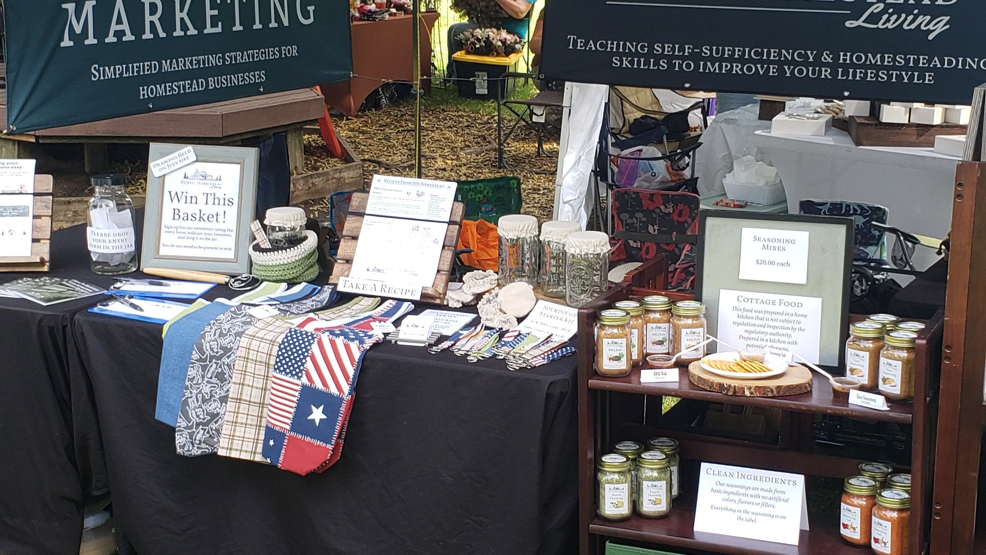 Vendor booth tables and products at and outdoor event
