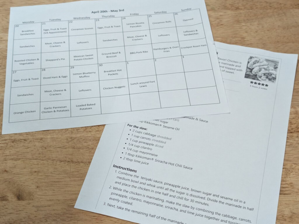 Paper menu and recipe on wood table