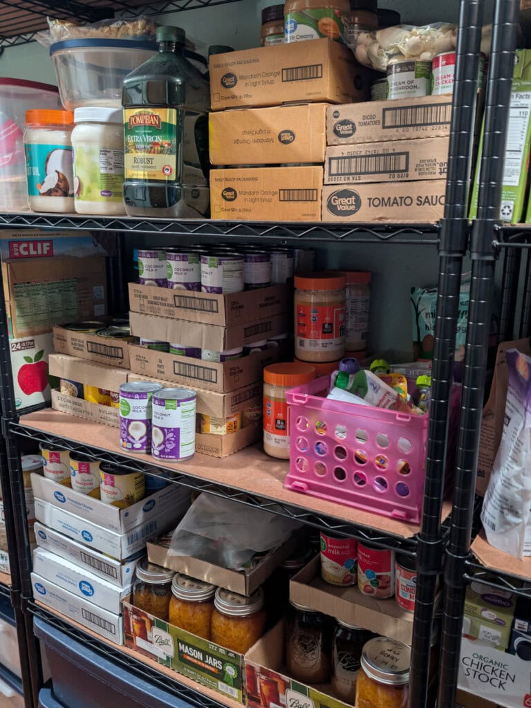 Pantry shelves with canned goods and food storage