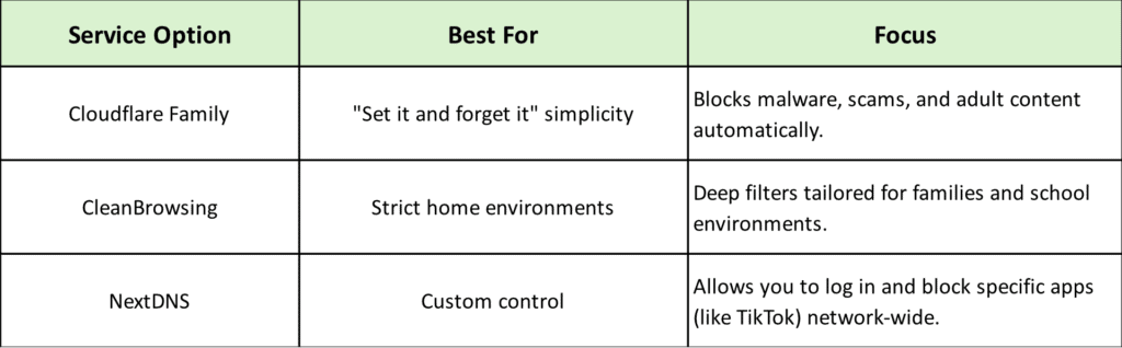Infographic - Table of service options for DNS filtering