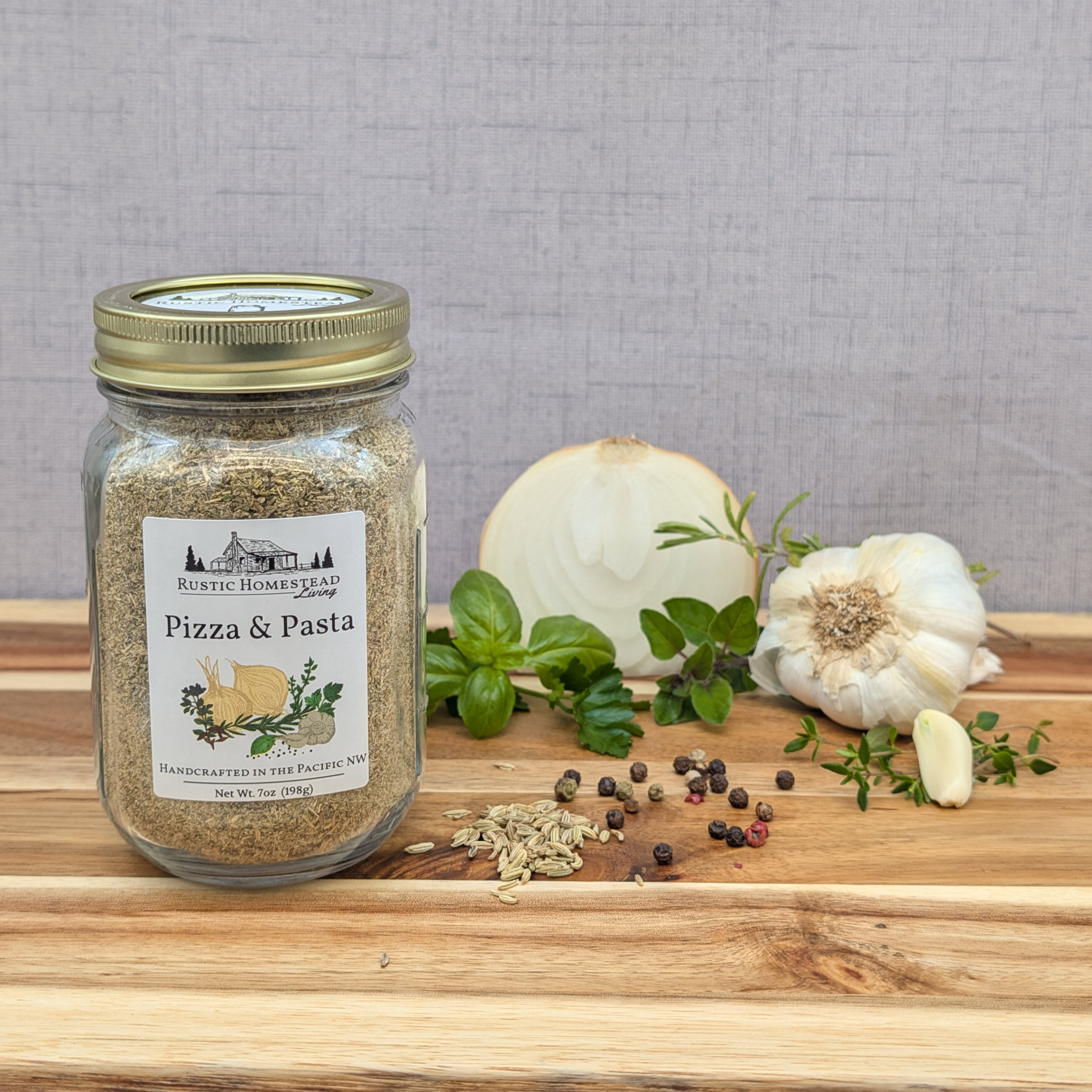 Pizza & Pasta Seasoning Mix in pint jar with ingredients