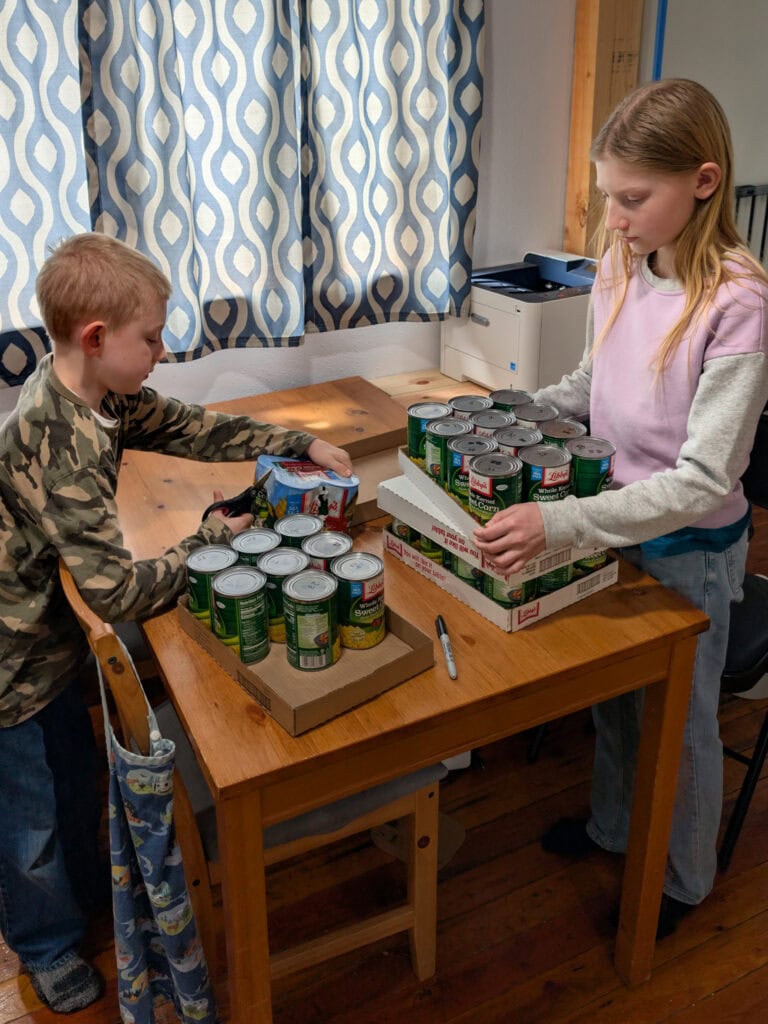 Boy & girl working together to inventory and stock pantry items