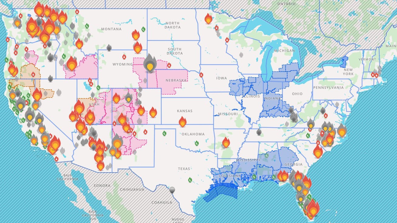 Map of the United States showing recent wildfire and flooding events highlighting the risk of not being prepared