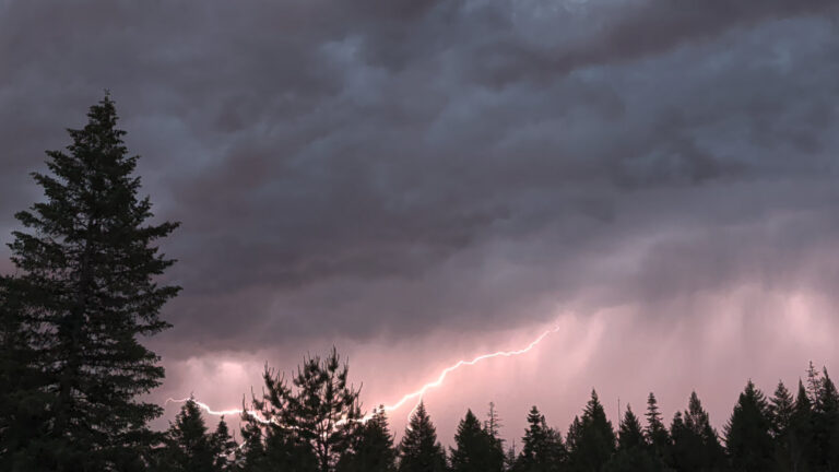 Lightning flashing across a storming sky in the evening