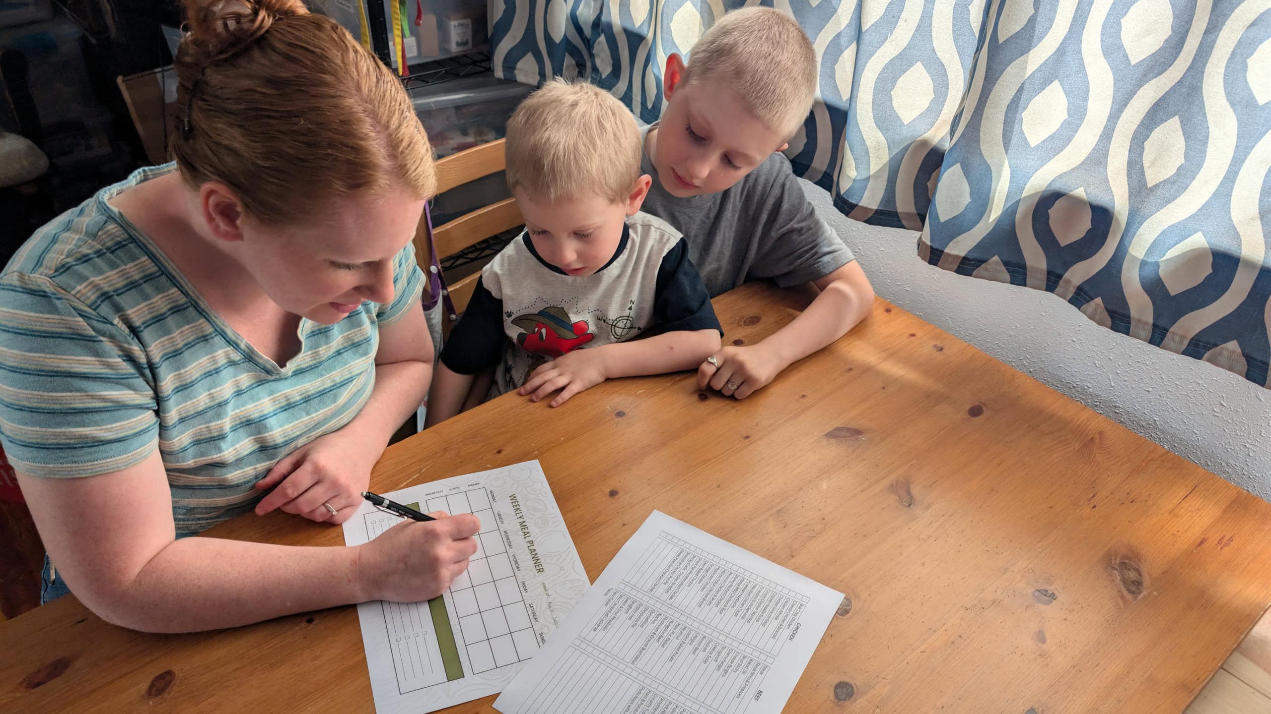 Mom and kids at table planning a weekly menu